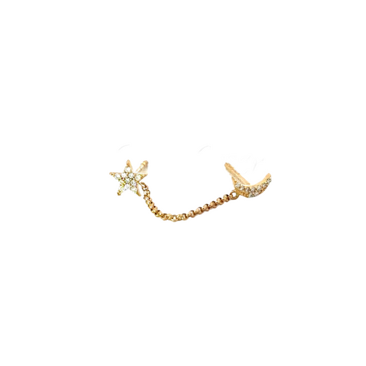 Pave Diamond Star and Moon Earring with Chain