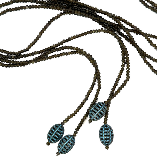 Obsidian Double Strand Lariat Necklace with Turquoise Accents