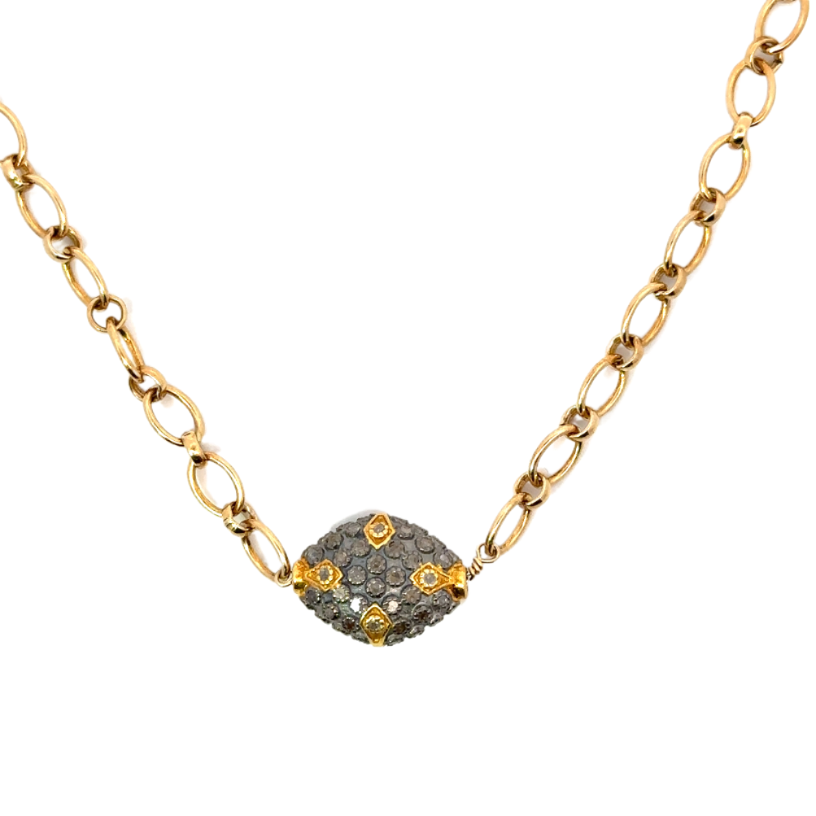 Gold Filled Oval Chain Necklace with Two Tone Pave Bead