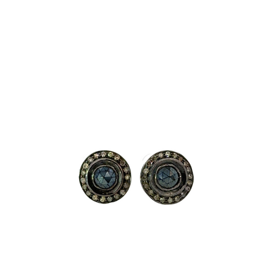 Round Black Spinel Earring with Pave Diamond Border