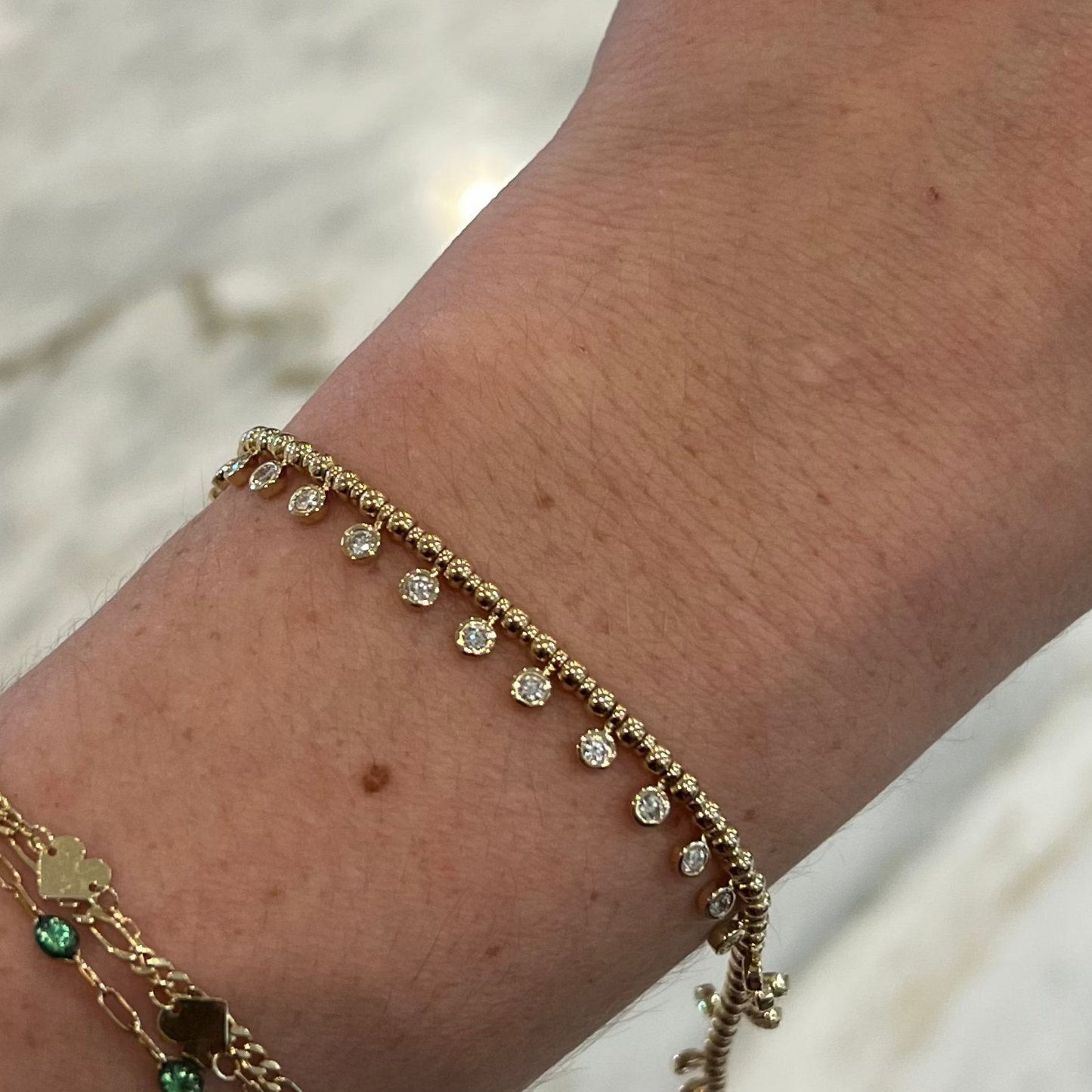 Yellow Gold Alternating Bead Chain Bracelet with Multi Bezeled Diamond Drops