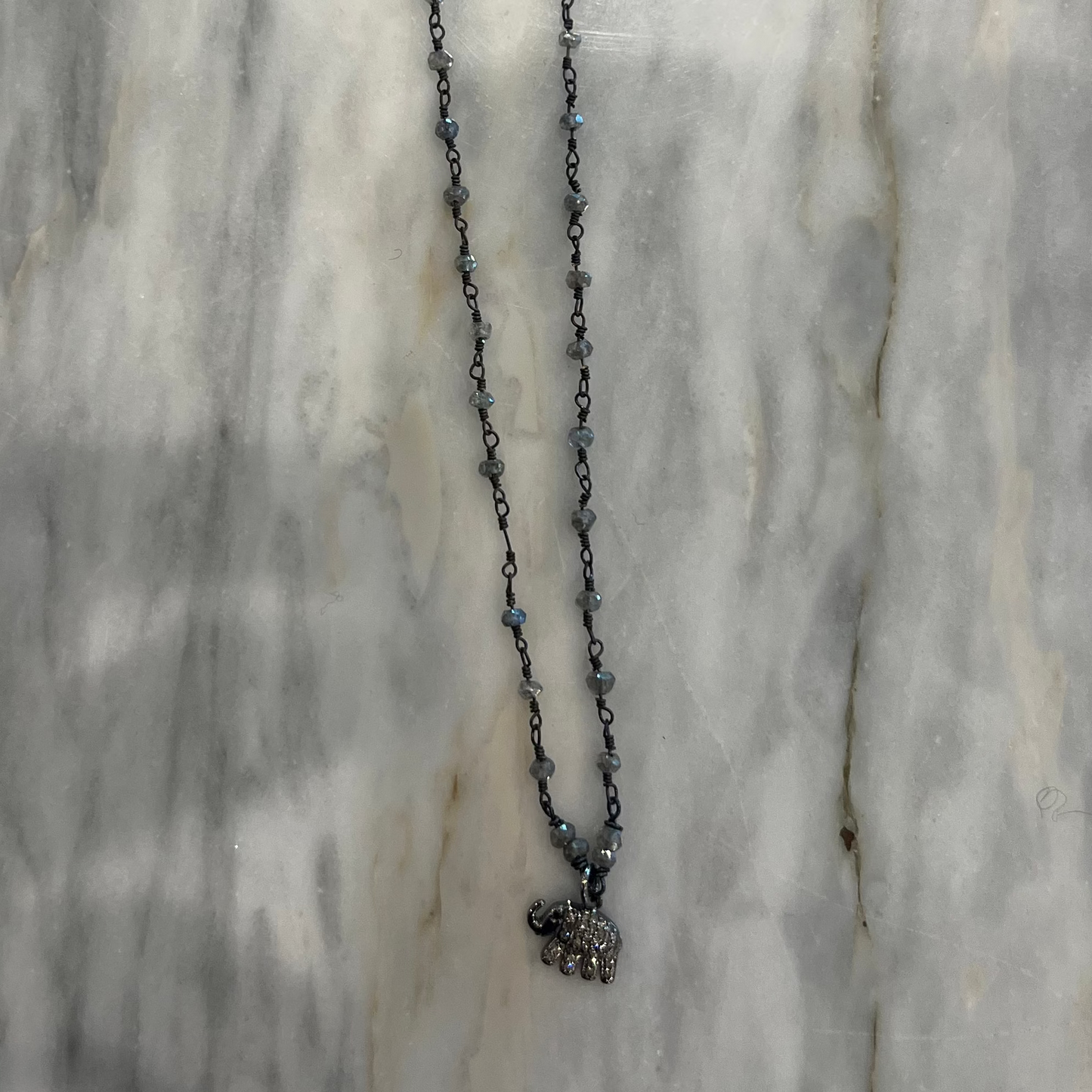 Sterling Silver Pave Elephant on Labradorite Chain Necklace