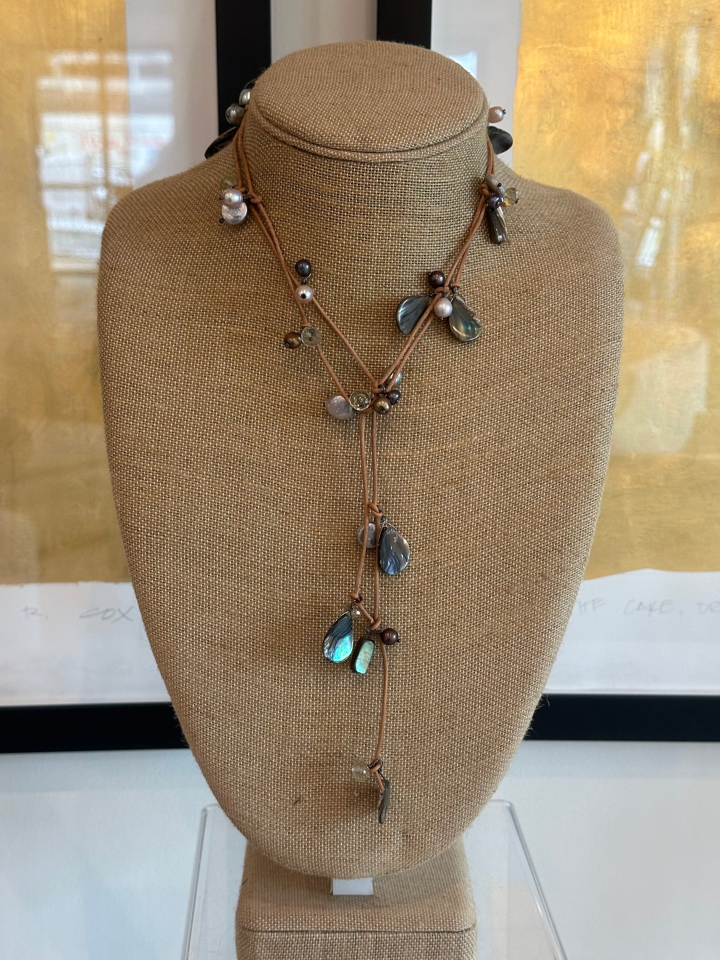 Leather, Abalone, Pearl, and Crystal Lariat Necklace