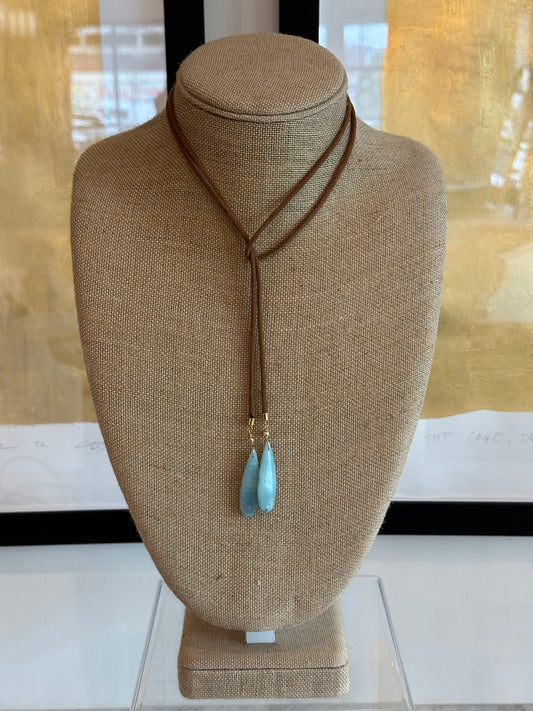 Teal Agate and Camel Leather Bolo Lariat