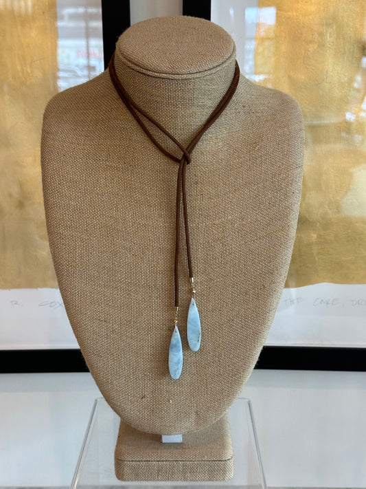 Powder Blue Agate and Brown Leather Bolo Lariat