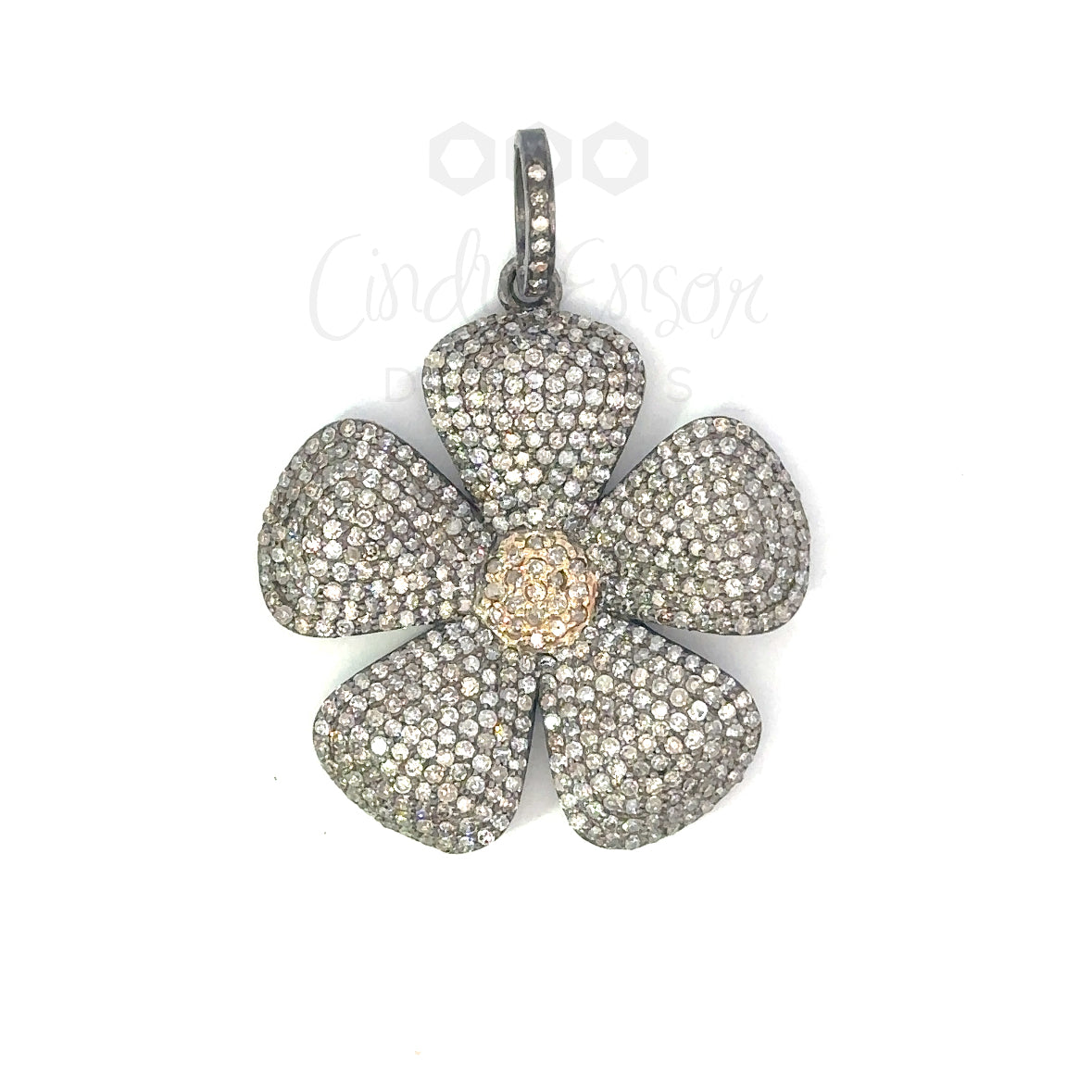 Large Sterling Pave Flower Pendant with Yellow Gold Center