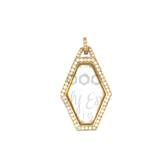 White Topaz Hexagon Pendant with Pave Diamond Border