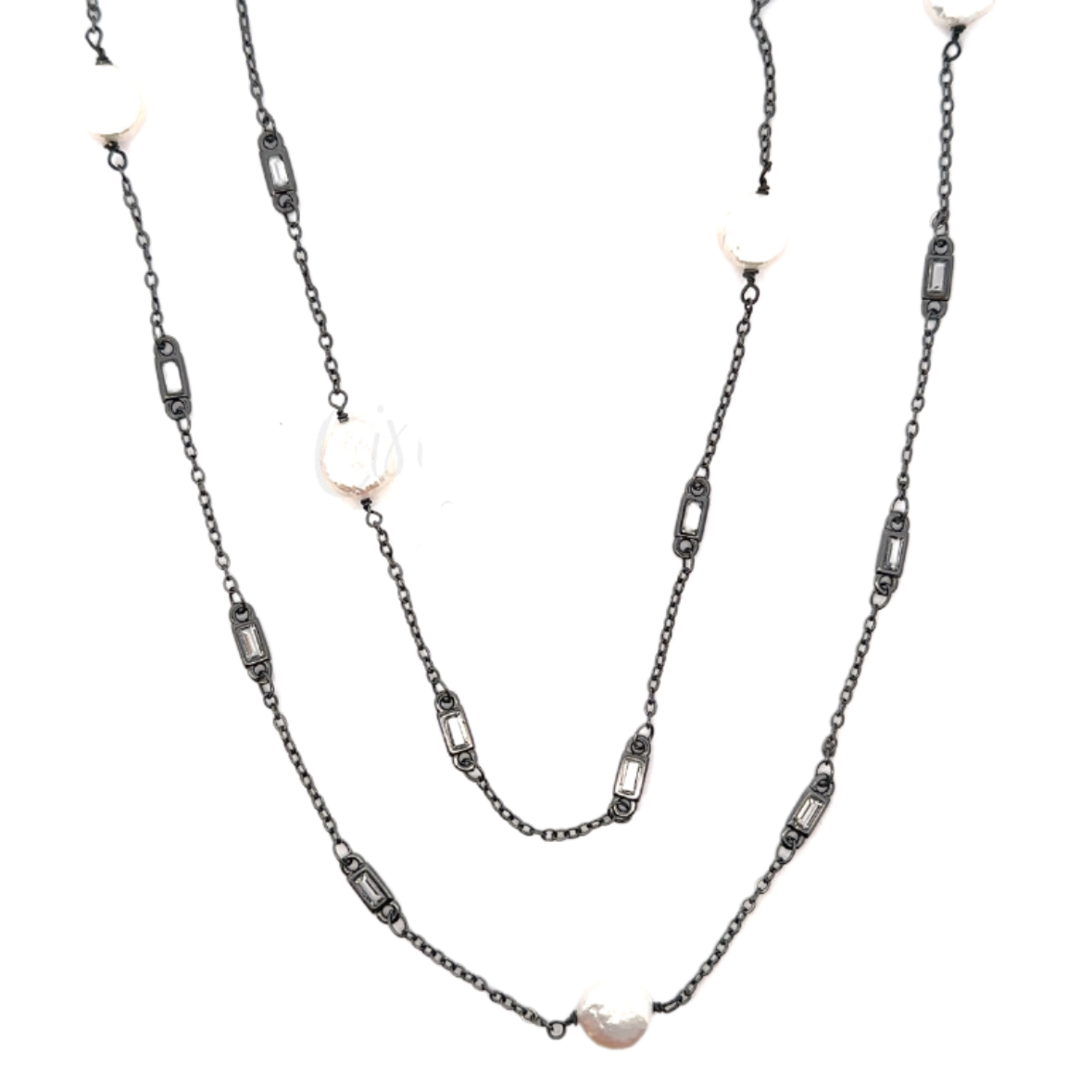 Long Black Crystal and Button Pearl Necklace