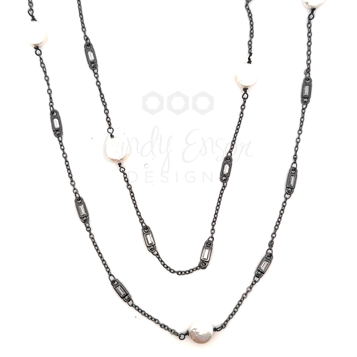 Long Black Crystal and Button Pearl Necklace