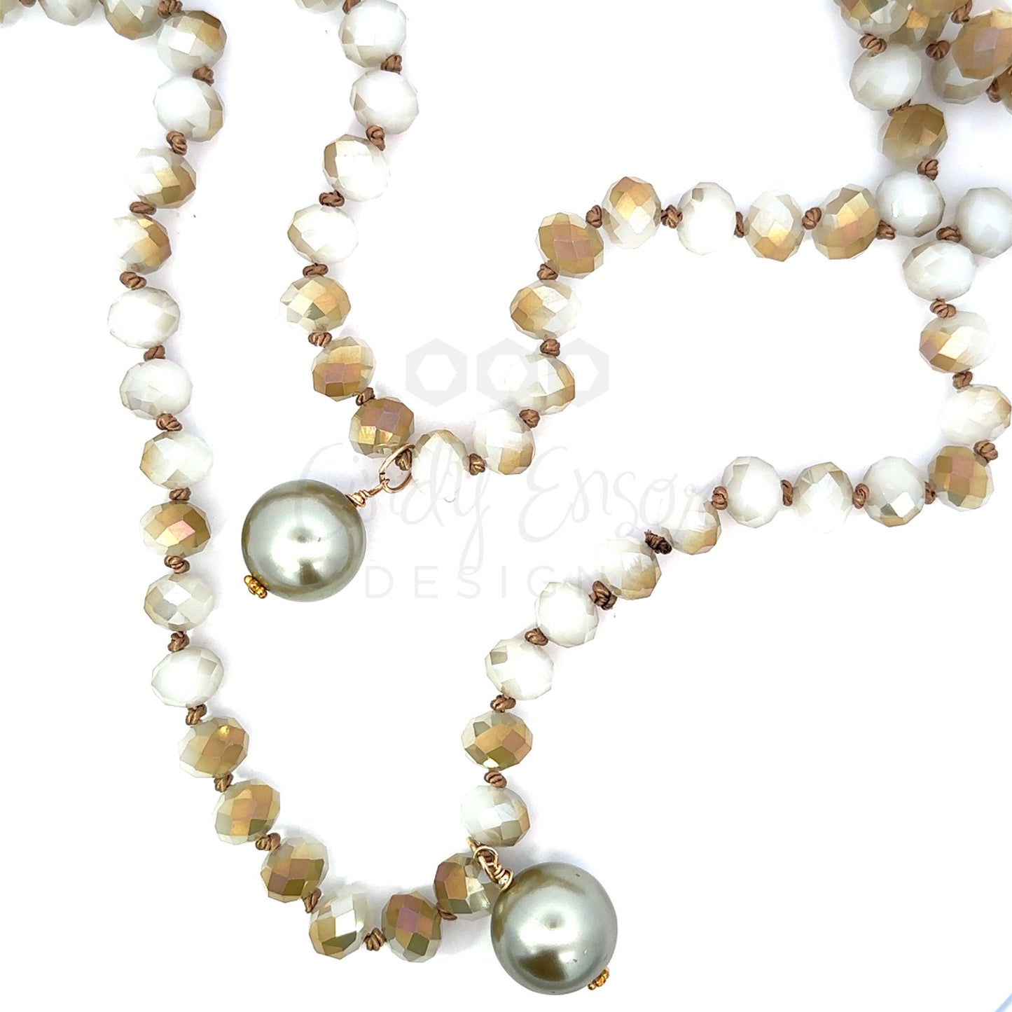 Hand Knotted Small Crystal Necklace with 2 Grey Pearl Accents