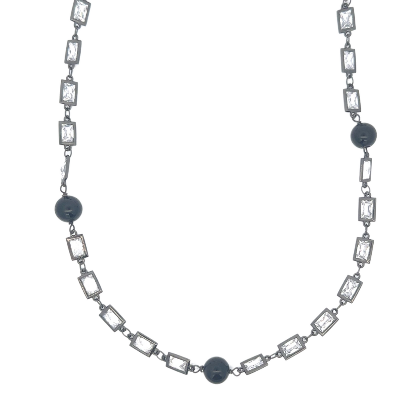 Oxidized Sterling Square Crystal and Black Bead Necklace