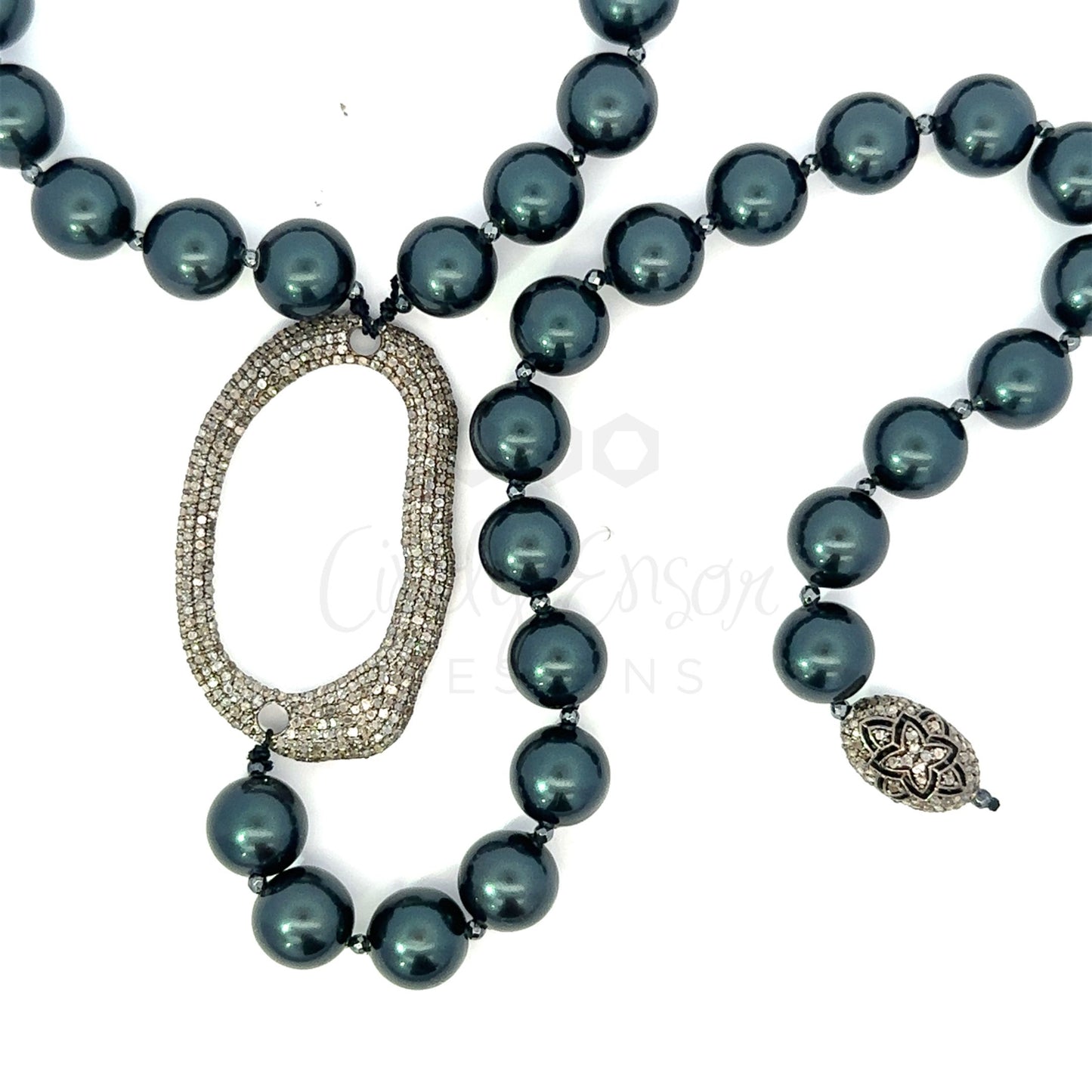 Platinum Blue Pearl Y Drop Necklace with Organic Pave Accent and Pave Bead