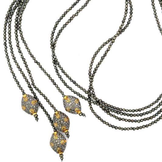 Pyrite Double Strand Lariat Necklace with Diamond Accents