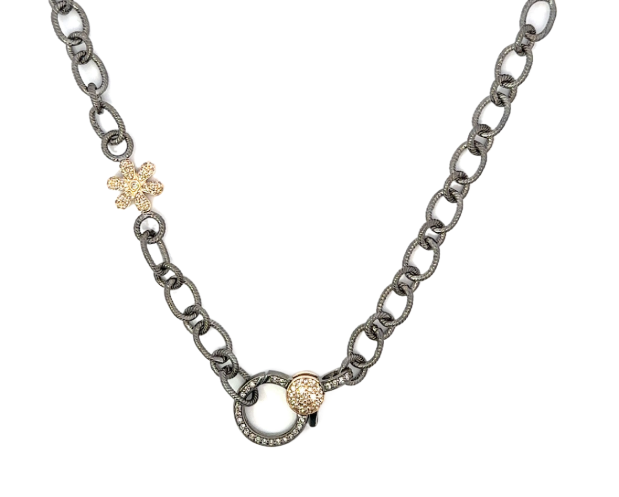 Oval Link Sterling Chain Accented by One Yellow Gold Pave Flower and Two Toned Pave Lobster