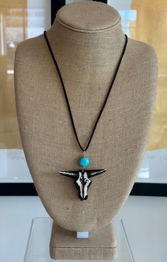 Brown and White Steer Head Necklace with Turquoise Accent