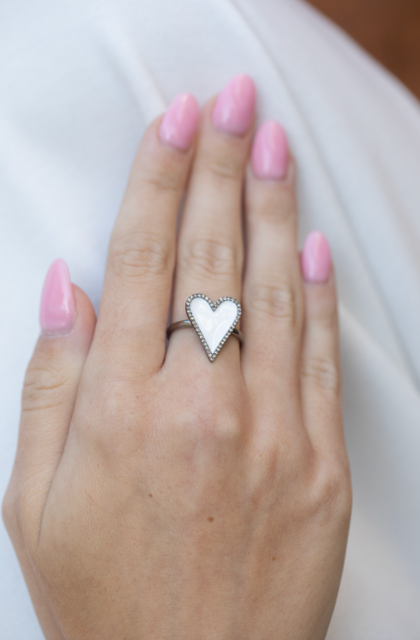 Pave Diamond Enamel Heart Ring