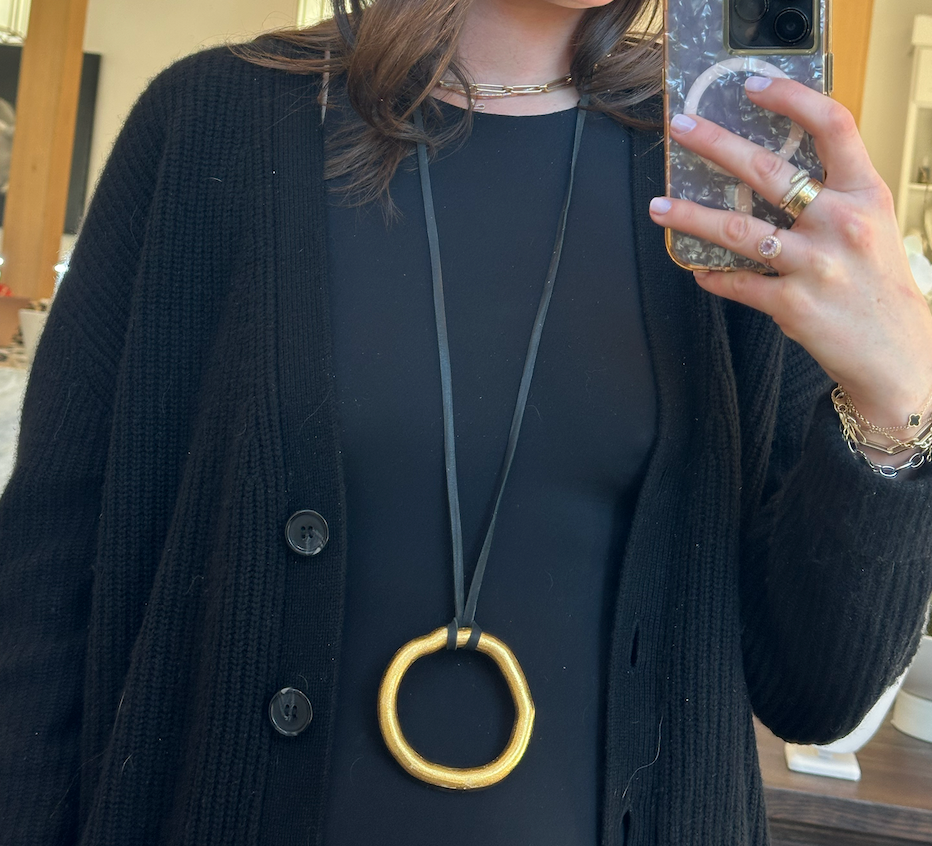 Vermeil Organic Circle Necklace on Black Leather