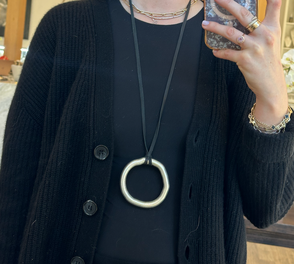 Unoxidized Sterling Circle Necklace on Black Leather