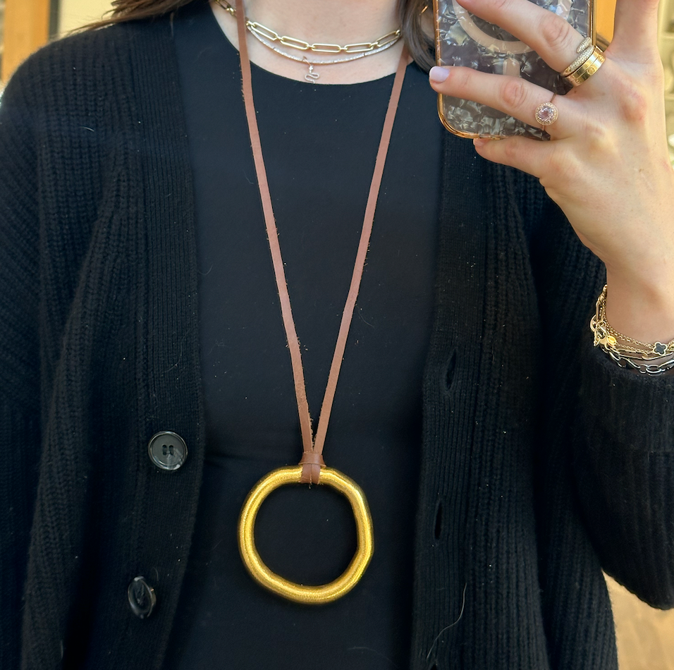 Vermeil Organic Circle Necklace on Brown Leather