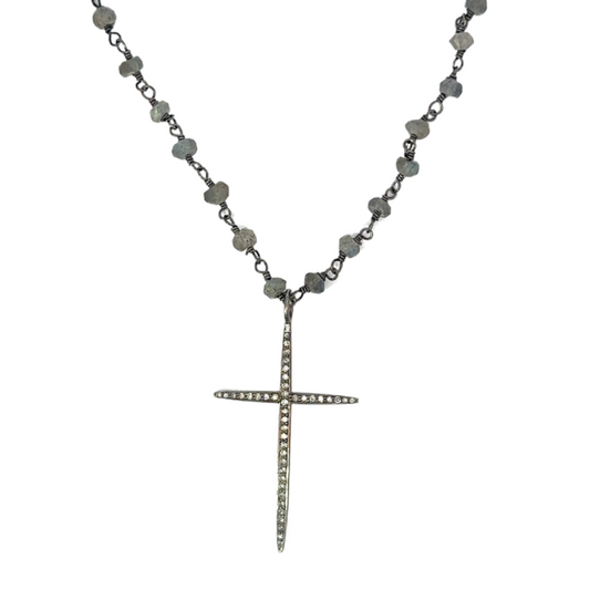 Short Labradorite Necklace with Medium Pave Cross