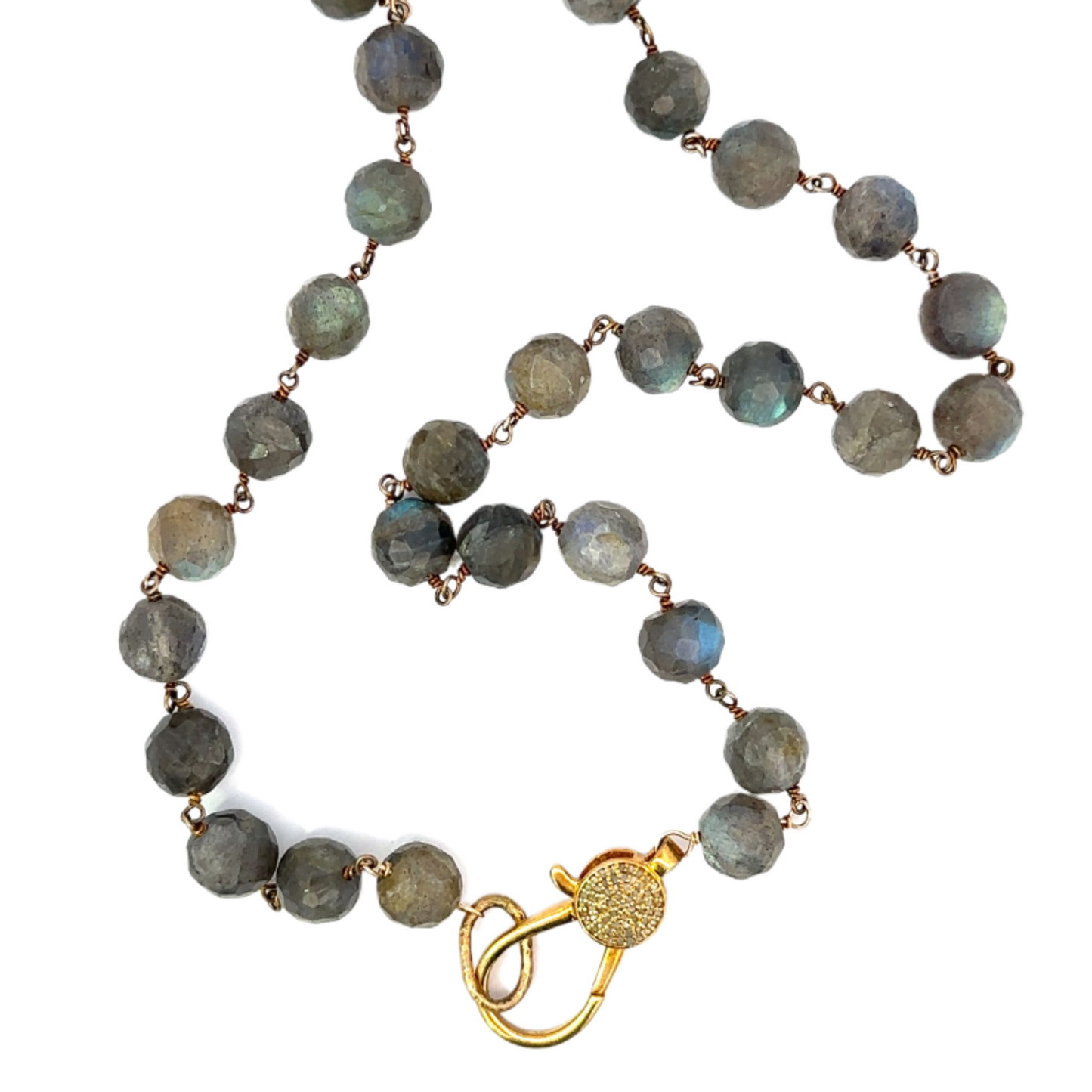 Round Labradorite Bead Necklace with Gold Vermeil Pave Lobster