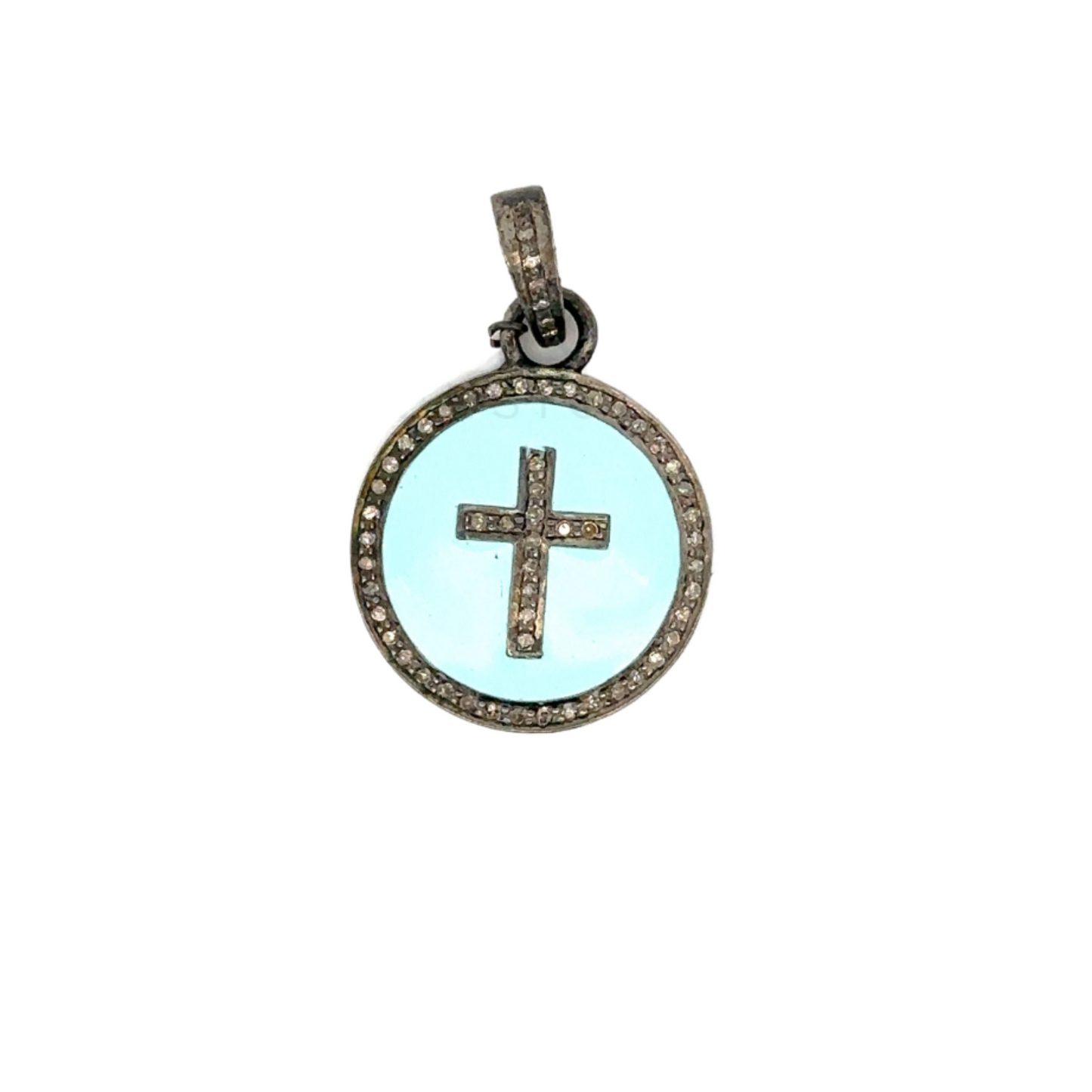 Blue Enamel Pave Diamond Cross Disc Pendant