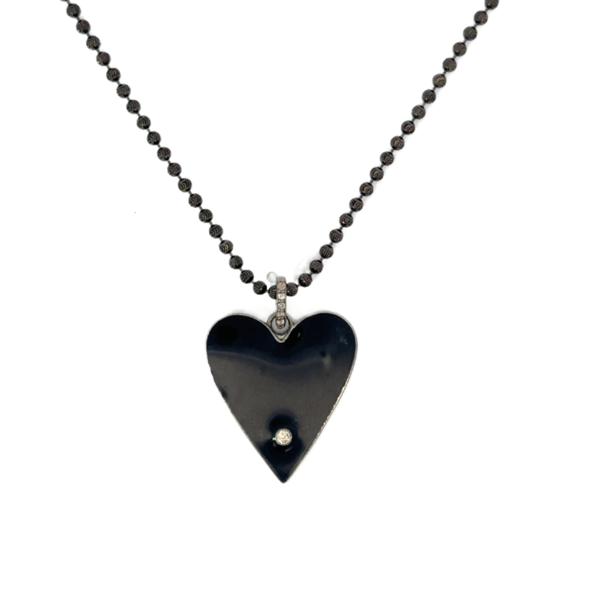 Sterling Bead Ball Necklace with Enamel Diamond Heart