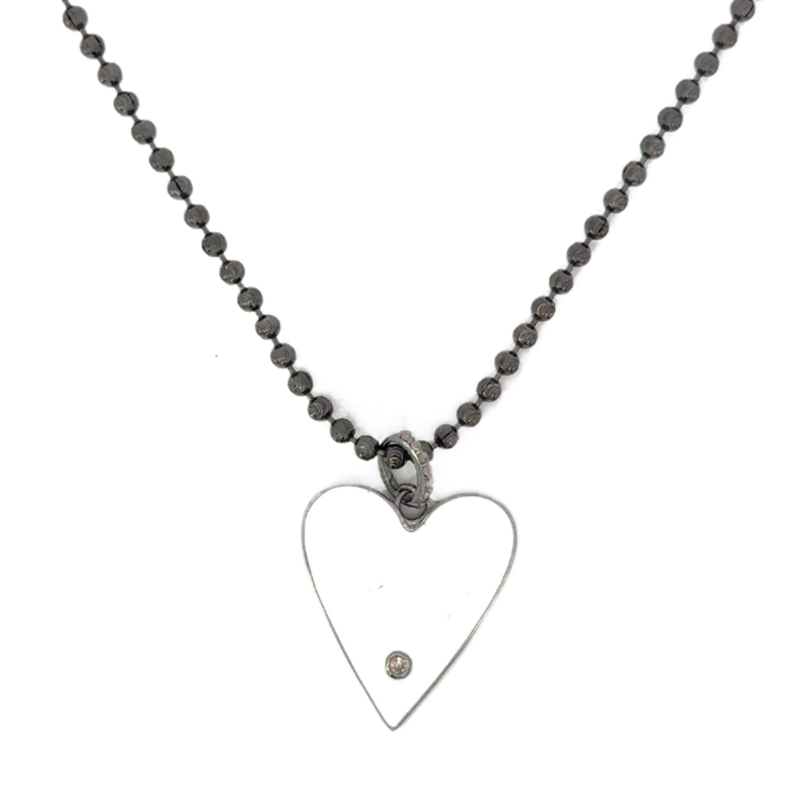 Sterling Bead Ball Necklace with Enamel Diamond Heart