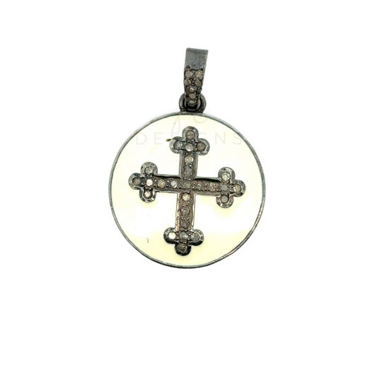 Cream Enamel Antique Cross Disc Pendant