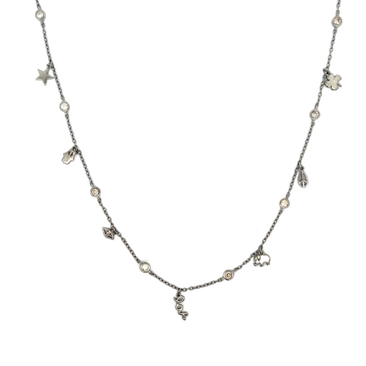 Sterling Lucky Multi Charm Necklace with Bezeled Diamonds