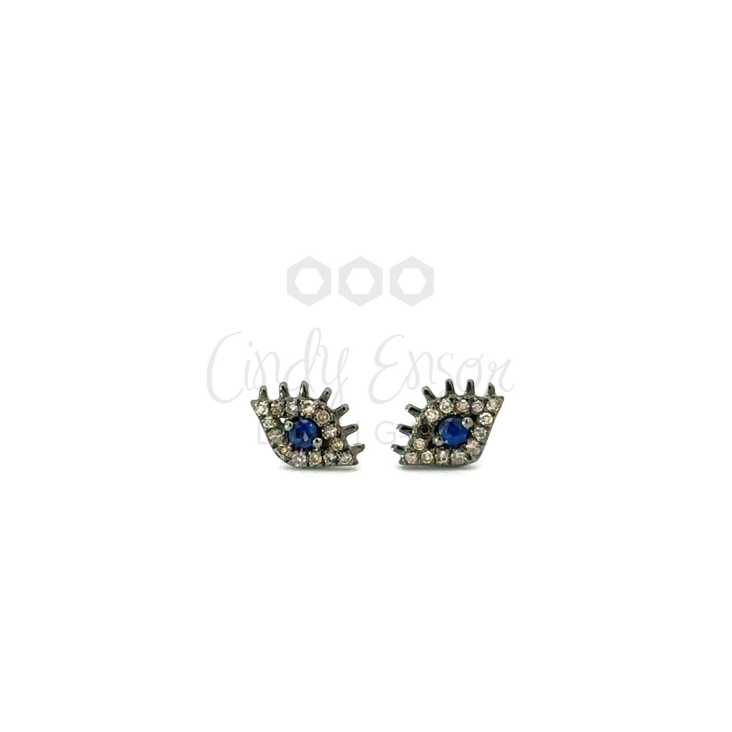 Pave Diamond and Sapphire Evil Eyelash Studs