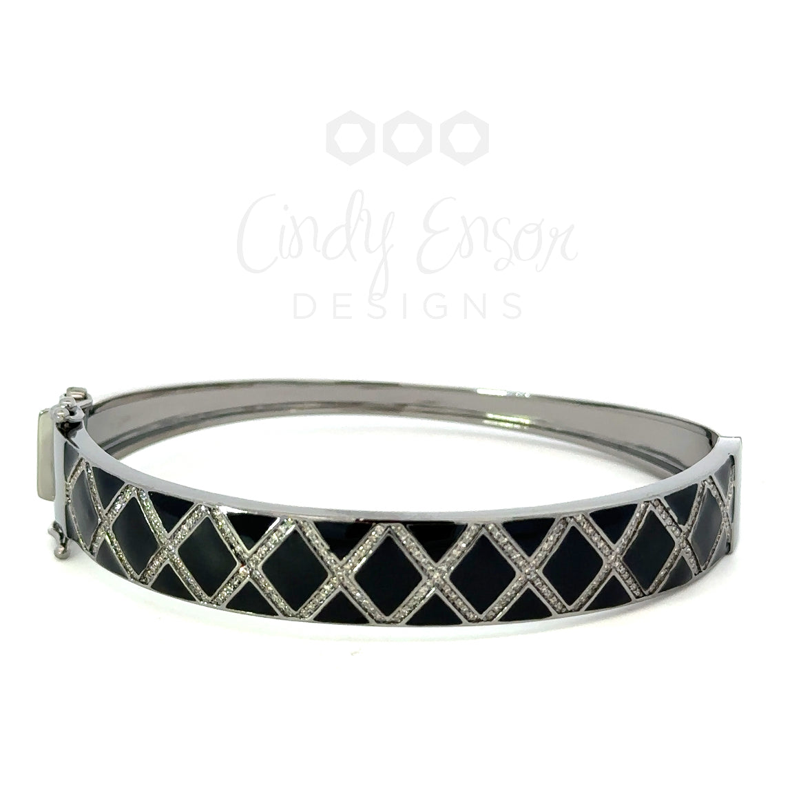 Sterling Silver Enamel X Bangle with Pave Accents