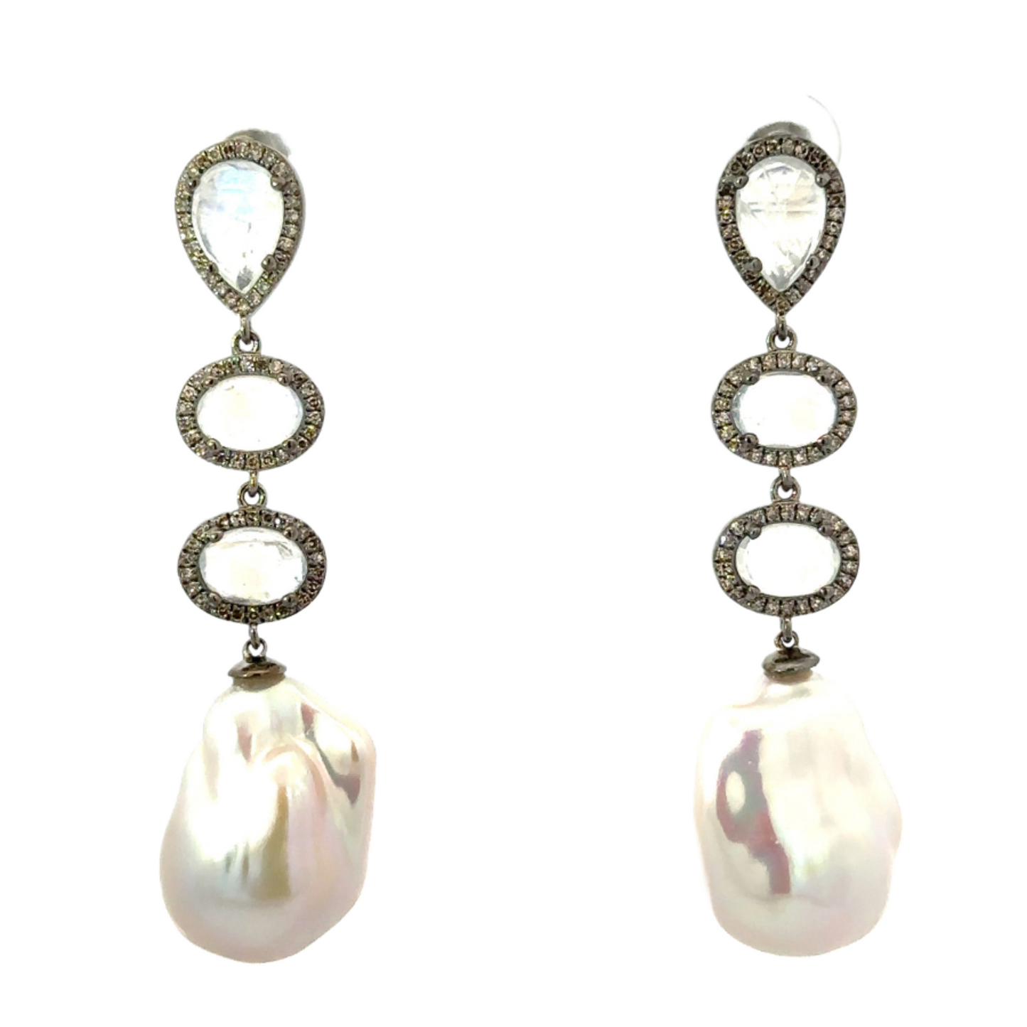 Triple Moonstone Baroque Pearl Drop Earrings with Pave Accents