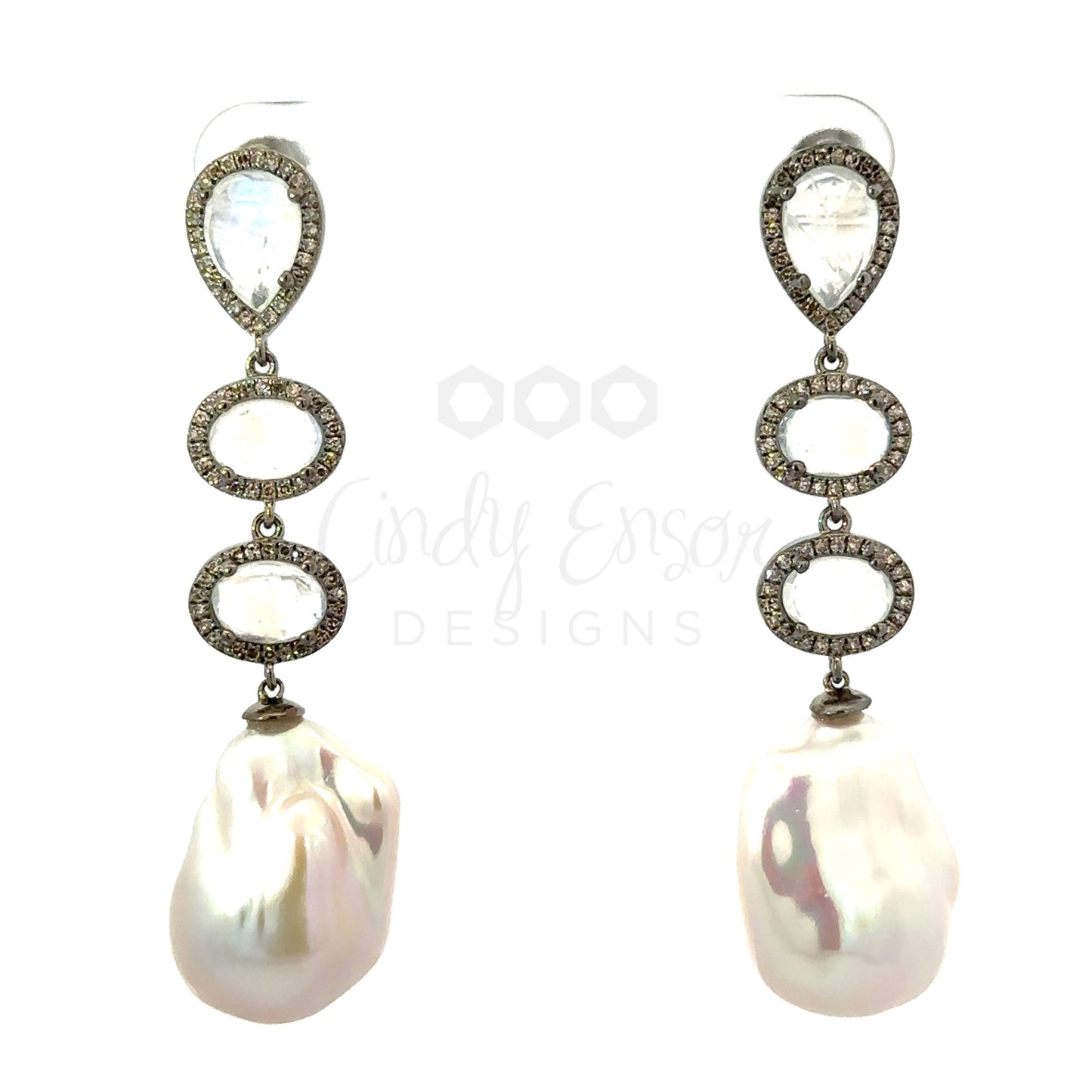 Triple Moonstone Baroque Pearl Drop Earrings with Pave Accents