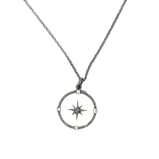 Sterling White Enamel Pave Diamond Compass Necklace