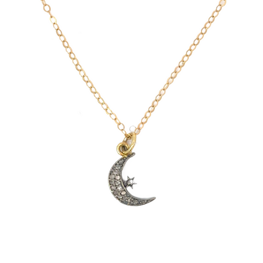 Gold Filled Necklace with Sterling Pave Diamond Moon Charm
