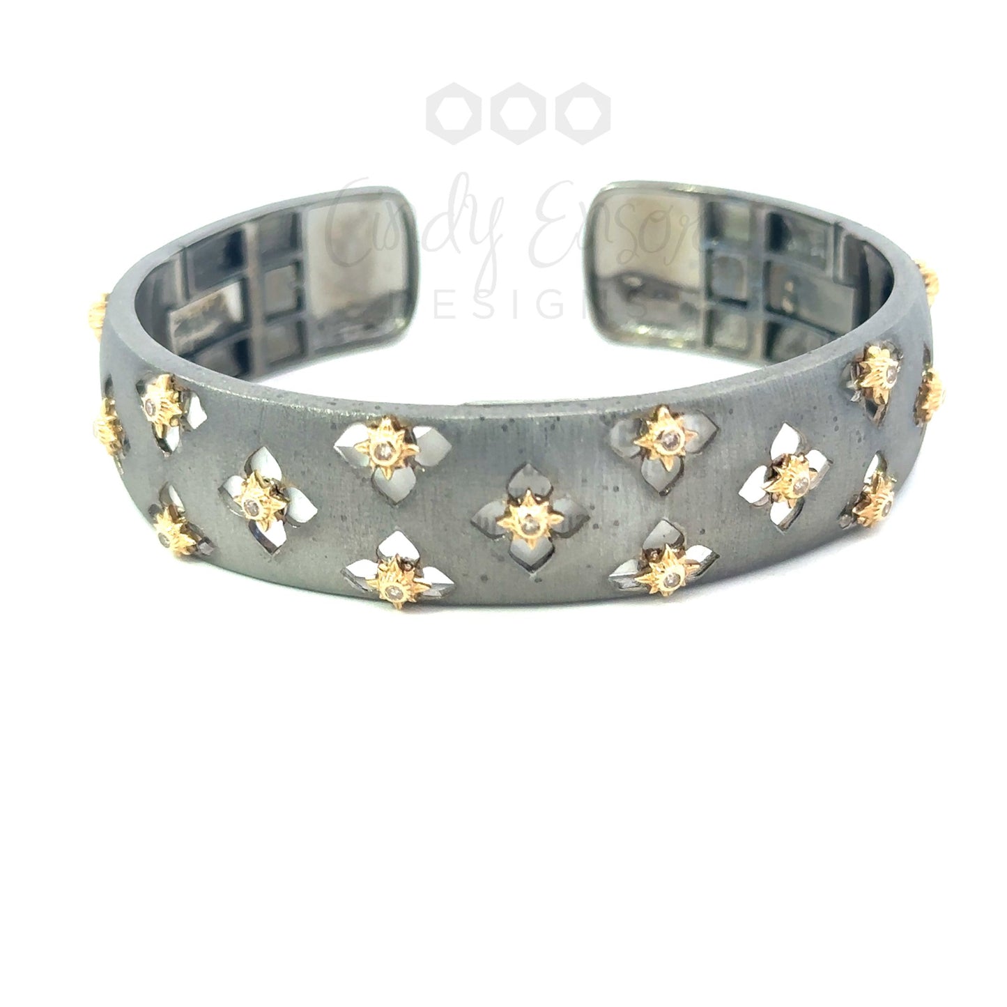 Brushed Metal Two Tone Diamond Bracelet with Yellow Gold Clover Accents
