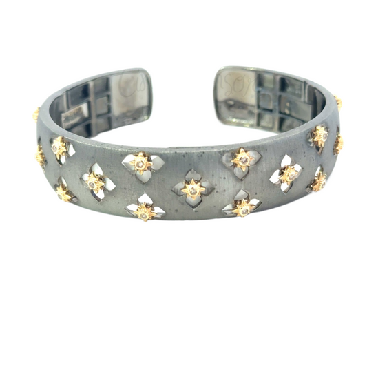 Brushed Metal Two Tone Diamond Bracelet with Yellow Gold Clover Accents