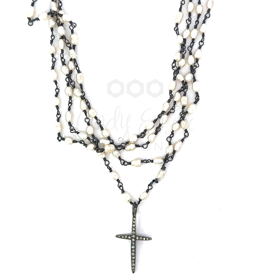 Triple Strand Pearl Necklace with Small Sterling Cross