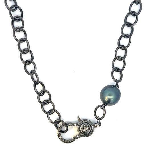 Sterling Oval Link Necklace with Tahitian Pearl Accent and Diamond Lobster