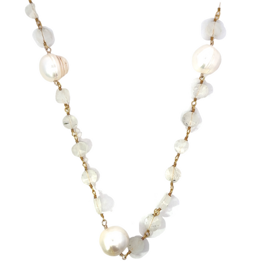 Coin Moonstone and White Pearl Alternating Necklace