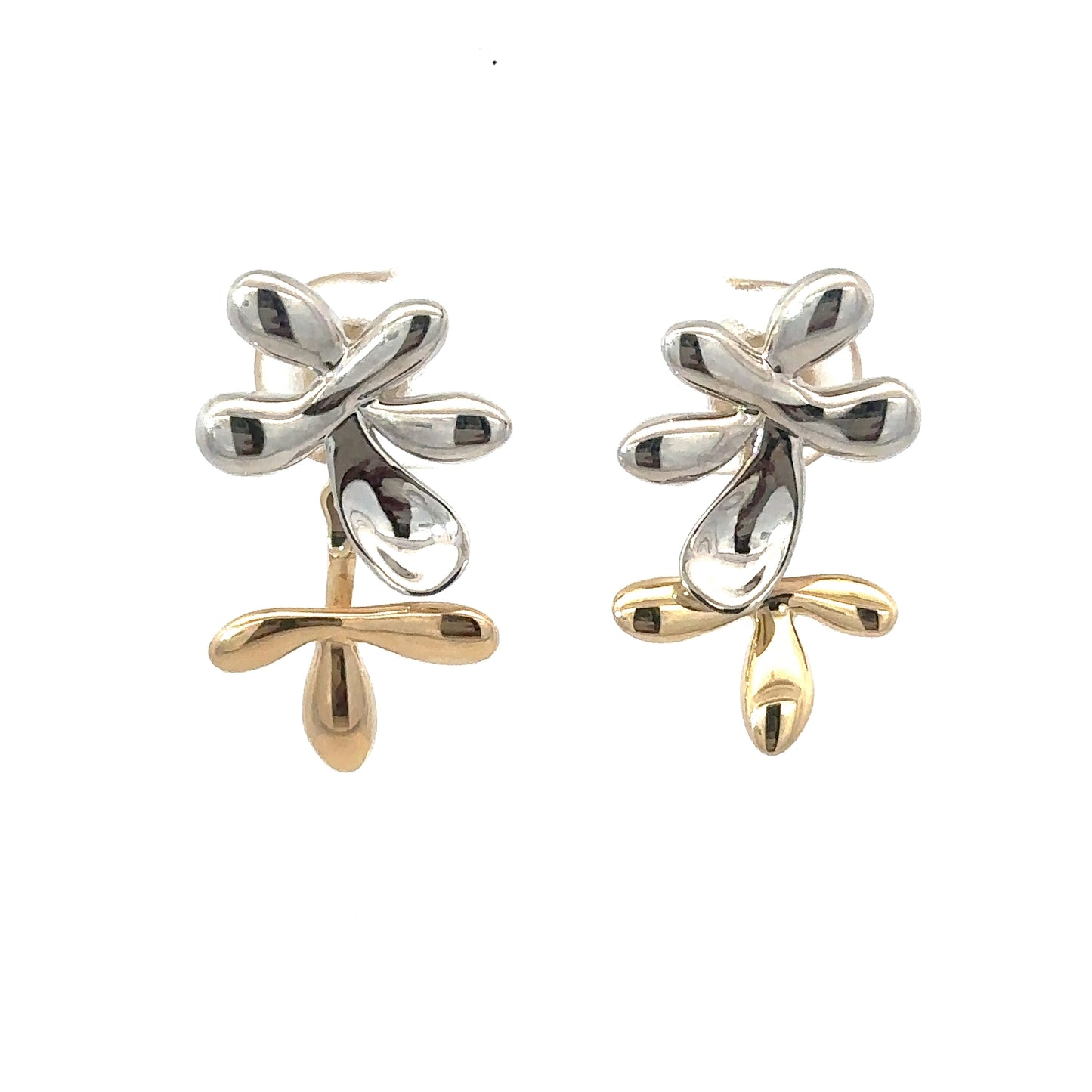 Polished White and YG Front Back Pansy Flower Earring