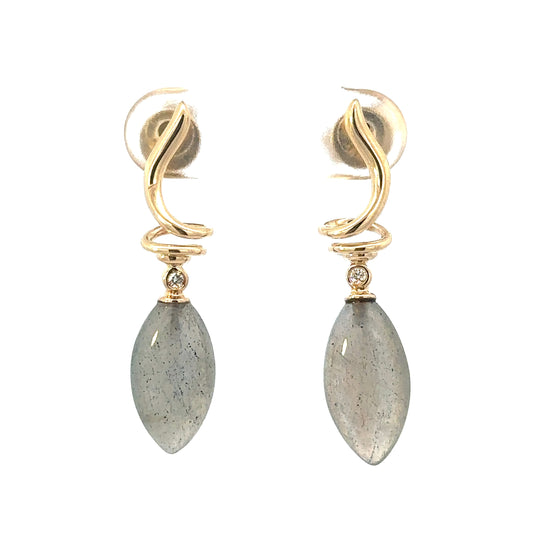 Yellow Gold Twisted Labradorite Tear Drop Earring with Diamond