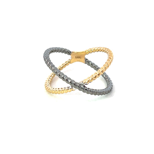 Yellow Gold and Gray Rhodium Twisted X Ring