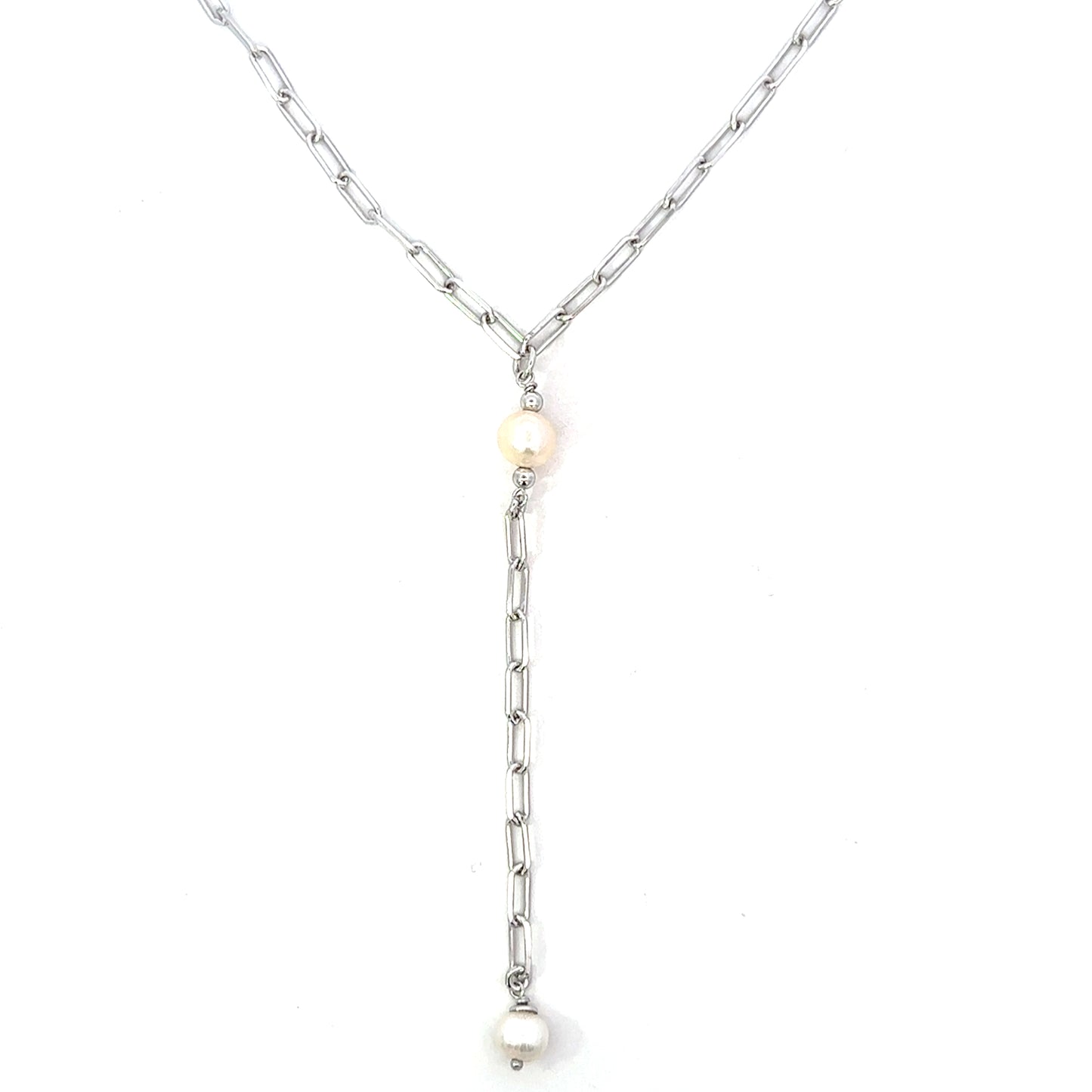 Unoxidized Sterling Silver Pearl Paperclip Lariat Necklace