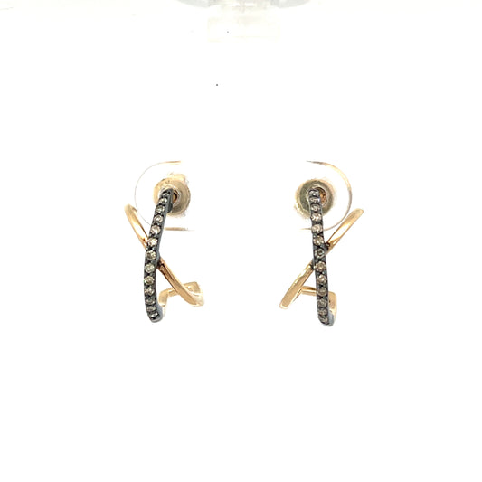 Two Tone Oxidized Pave Diamond Crossover Earring