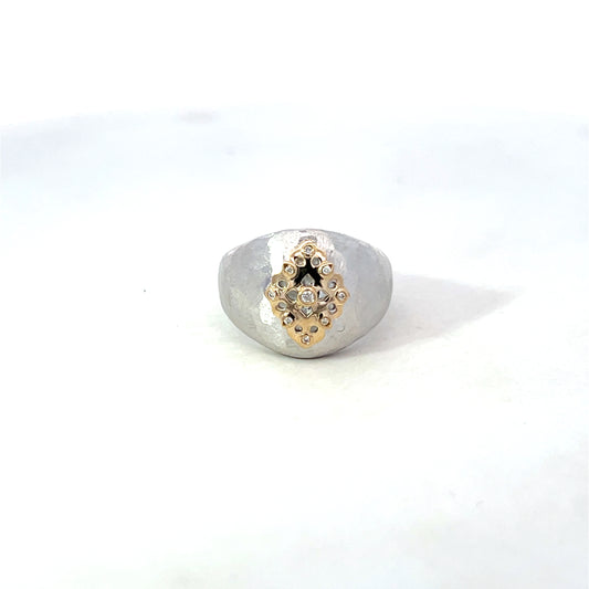 Brushed Unoxidized Sterling Dome Ring with Yellow Gold Vintage Accent