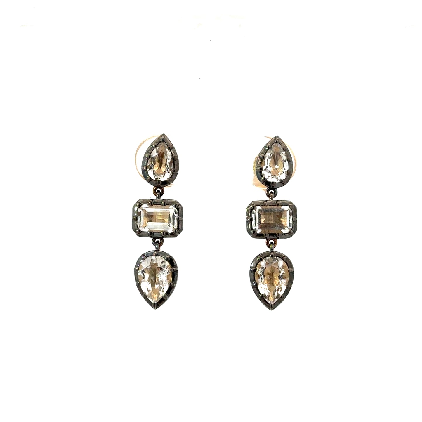 Yellow Gold and White Topaz Triple Drop Earring with Gray Rhodium Border