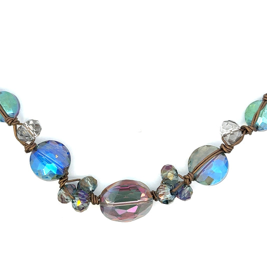 Short Hand Knotted Multicolor Crystal Cluster Necklace on Leather