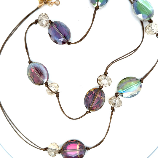 Long Hand Knotted Multicolor Crystal Necklace on Leather